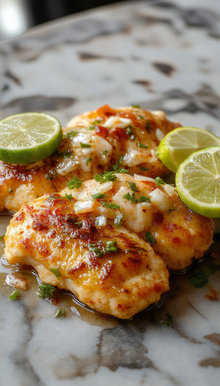 Vibrant plated coconut lime chicken featuring golden-brown tender chicken breasts topped with fresh lime slices, shredded coconut, and garnished with chopped cilantro against a colorful summery background.