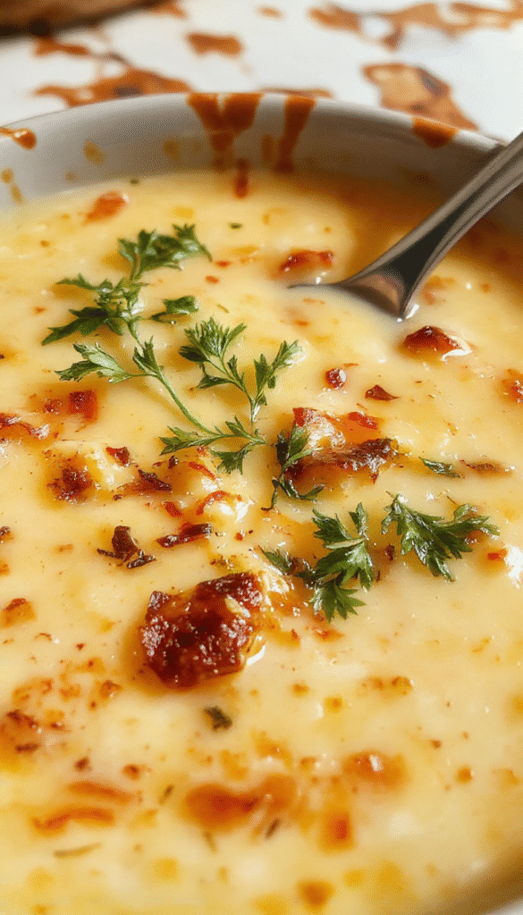 A rustic white bowl filled with creamy Tuscan Parmesan soup garnished with fresh basil and grated Parmesan cheese, placed on a wooden table with rustic bread slices and a sprig of herbs nearby, showcasing its velvety texture and rich, golden color.