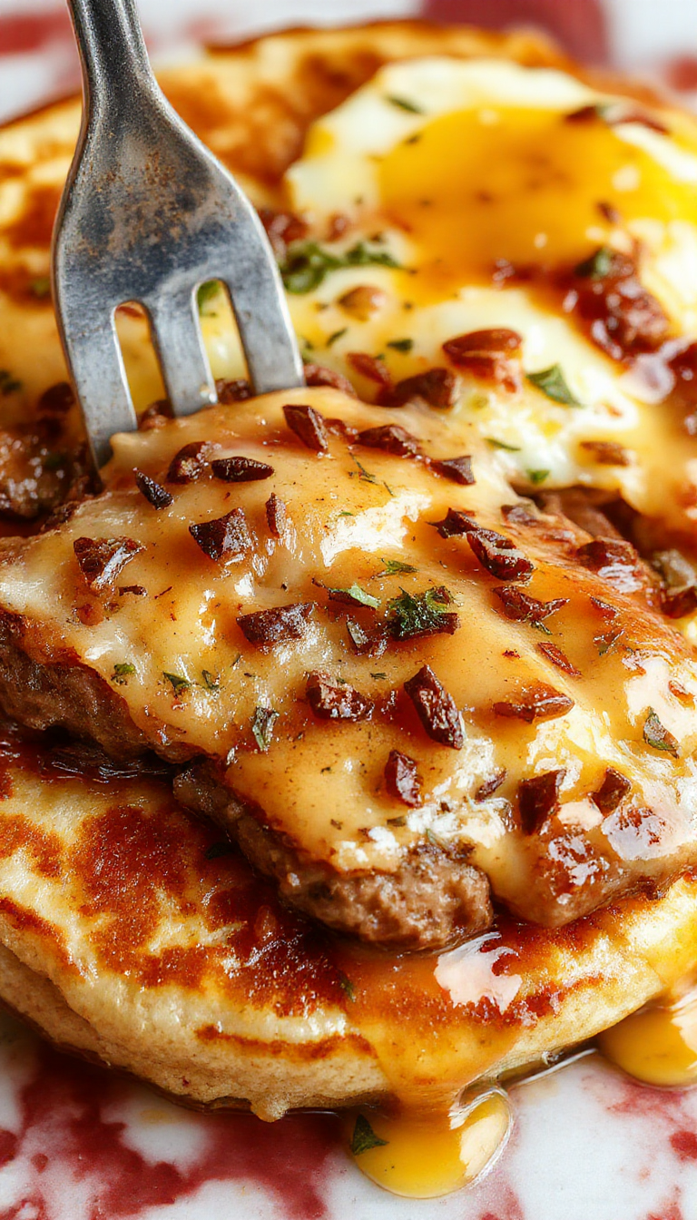 A colorful breakfast casserole featuring golden-brown pancakes and cooked sausage slices arranged in a baking dish, topped with melted cheese and fresh herbs, served alongside fresh fruit and crispy bacon on a rustic wooden table.