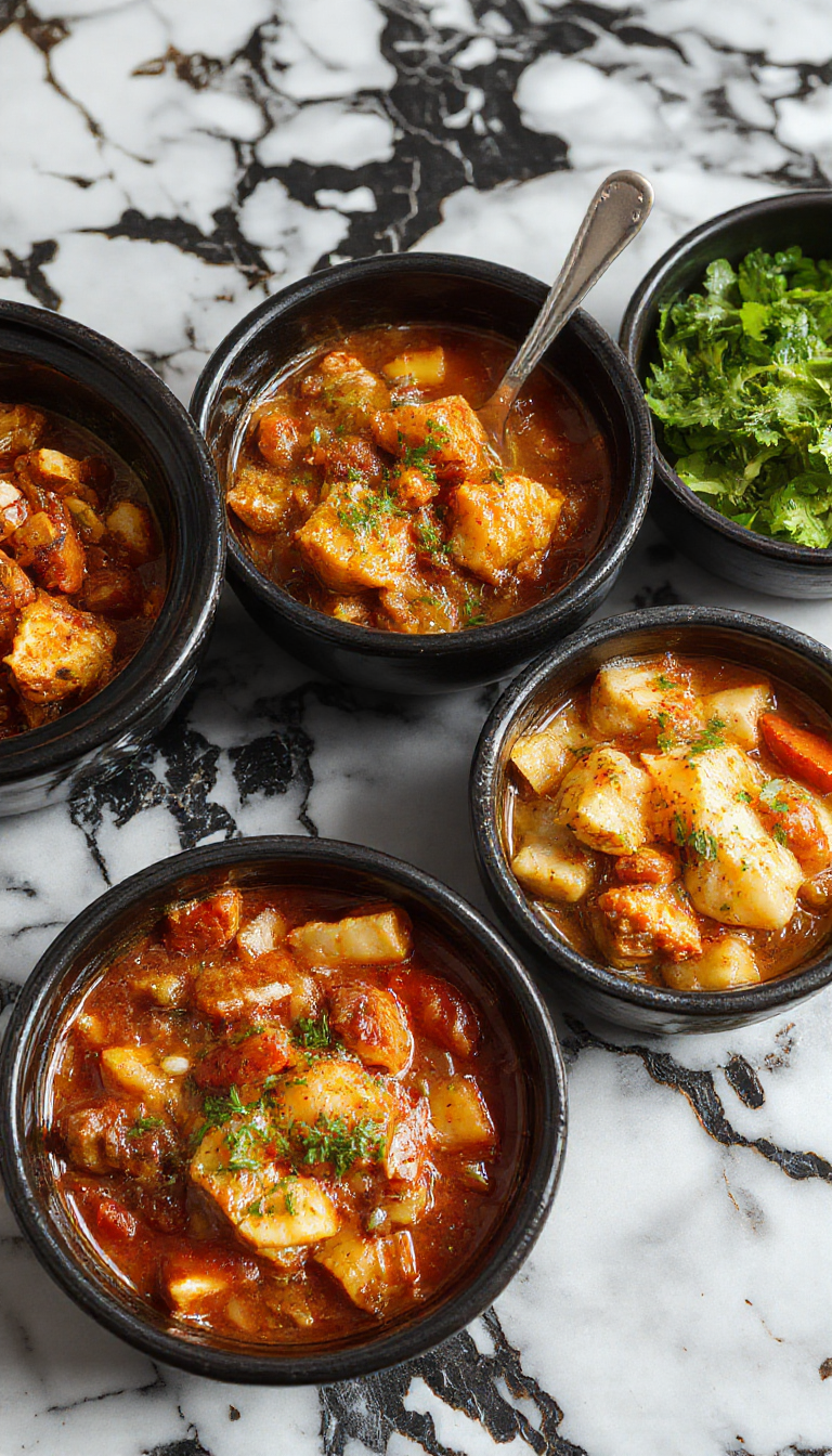 A colorful crockpot filled with hearty stew featuring tender chunks of beef, vibrant vegetables, and herbs, set on a rustic wooden table with fresh ingredients surrounding it.