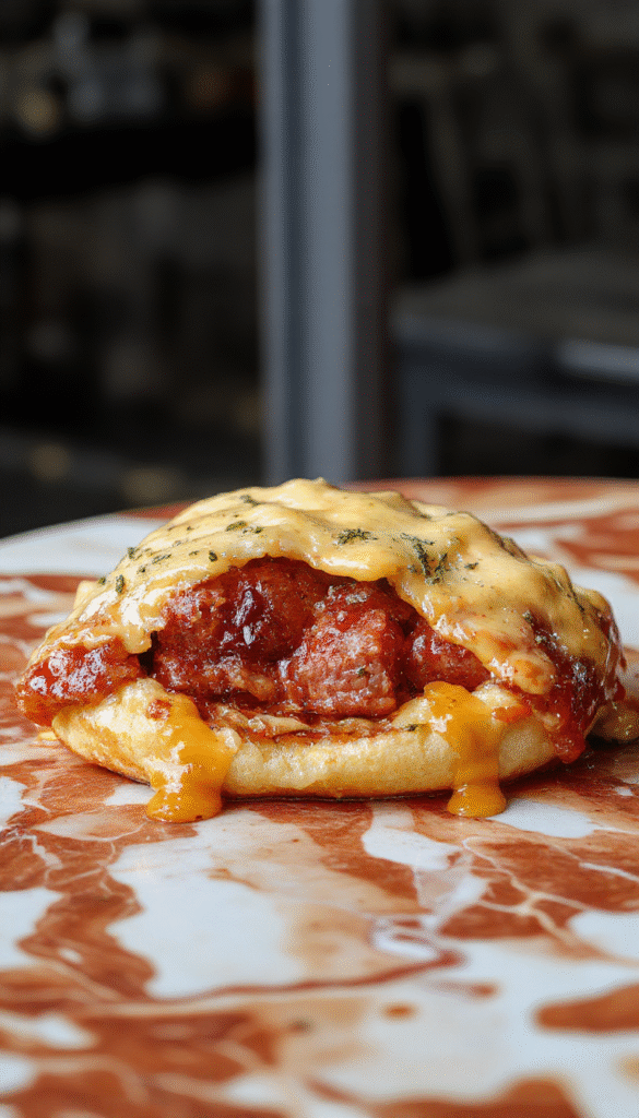 Golden-brown pigs in a blanket arranged on a white plate, crispy exterior with visible flaky pastry wrapping around juicy sausage pieces, garnished with fresh herbs, styled on a rustic wooden surface with a hint of mustard and ketchup nearby.