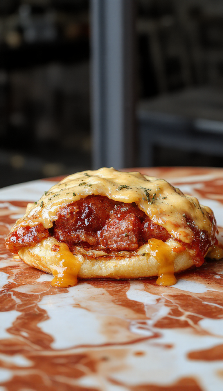 Golden-brown pigs in a blanket arranged on a white plate, crispy exterior with visible flaky pastry wrapping around juicy sausage pieces, garnished with fresh herbs, styled on a rustic wooden surface with a hint of mustard and ketchup nearby.