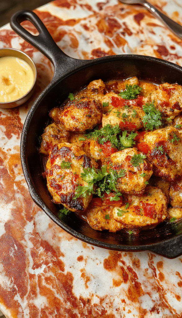 A vibrant skillet dish featuring golden-brown crispy chicken pieces topped with fresh herbs, served on a rustic wooden table with colorful dipping sauces and garnished with chopped green onions, showcasing a crunchy texture and appetizing presentation.