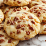 Decorative Christmas cookies with smooth white chocolate coating dipped over golden-brown chewy maple cookies arranged on a festive plate with holiday-themed decorations and a soft, warm background.
