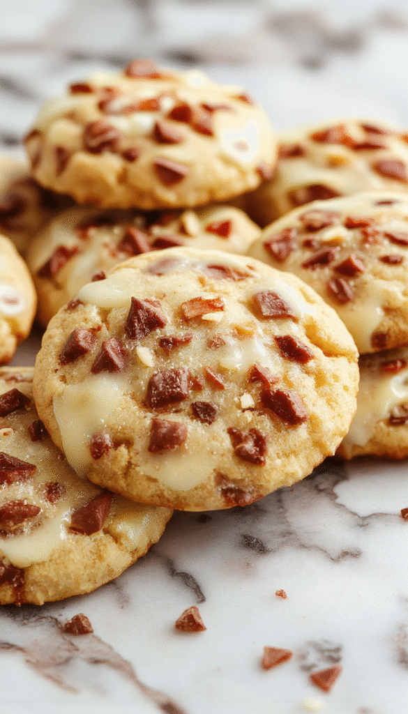 Decorative Christmas cookies with smooth white chocolate coating dipped over golden-brown chewy maple cookies arranged on a festive plate with holiday-themed decorations and a soft, warm background.