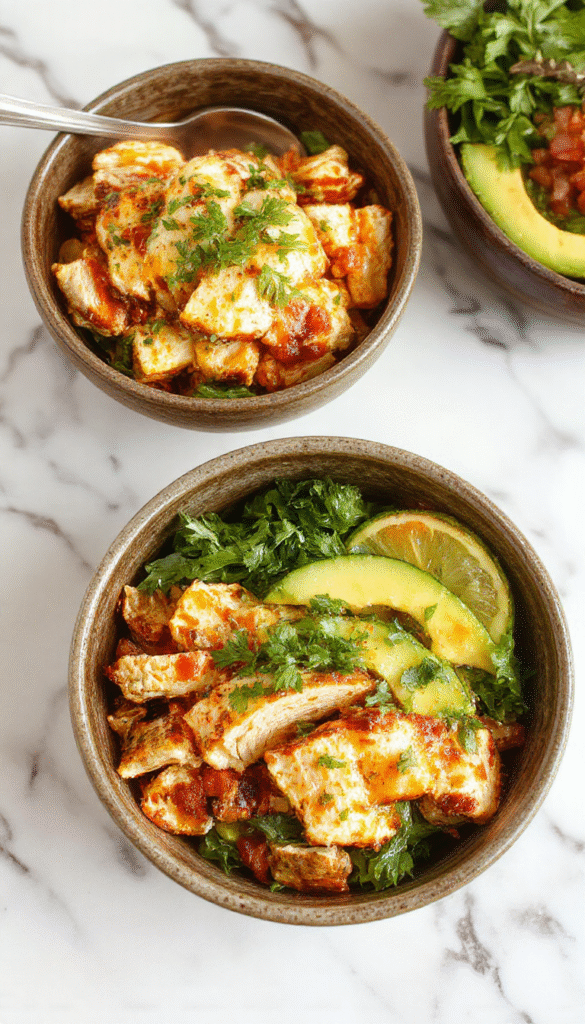Colorful chicken burrito bowls plated with seasoned grilled chicken, fresh diced tomatoes, black beans, corn, and shredded cheese, garnished with cilantro on a rustic wooden table, vibrant and appetizing.